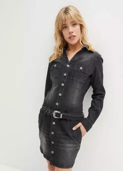 Belted Denim Dress -Mesh Sleeve Shop Belted Denim Dress973542FRSP