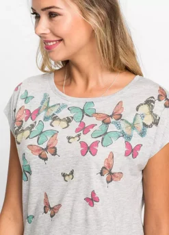 Butterfly Print T-Shirt -Mesh Sleeve Shop Butterfly Print T Shirt978898FRSP W02