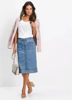 Buttoned Denim Skirt -Mesh Sleeve Shop Buttoned Denim Skirt903042FRSP W02
