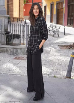 Checked Long Sleeve Longline Blouse -Mesh Sleeve Shop Checked Long Sleeve Longline Blouse933938FRSL