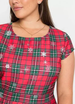 Christmas Motif Tartan Print Dress -Mesh Sleeve Shop Christmas Motif Tartan Print Dress952070FRSB W02