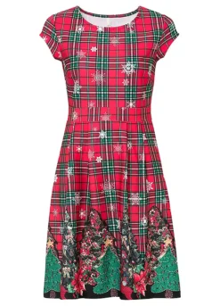 Christmas Motif Tartan Print Dress -Mesh Sleeve Shop Christmas Motif Tartan Print Dress952070FRSC