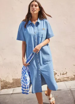 Denim Knee-Length Shirt Dress -Mesh Sleeve Shop Denim Knee Length Shirt Dress946390FRSL