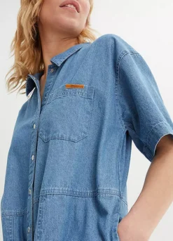 Denim Knee-Length Shirt Dress -Mesh Sleeve Shop Denim Knee Length Shirt Dress946390FRSP W02