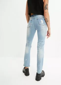 Destroyed Effect Straight Leg Jeans -Mesh Sleeve Shop Destroyed Effect Straight Leg Jeans948861FRSP W01