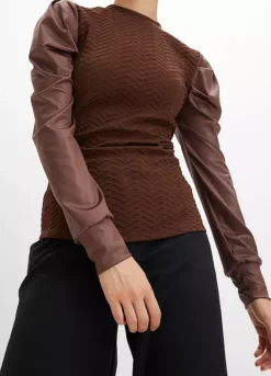 Faux Leather Sleeve Top -Mesh Sleeve Shop Faux Leather Sleeve Top957650FRSP W02