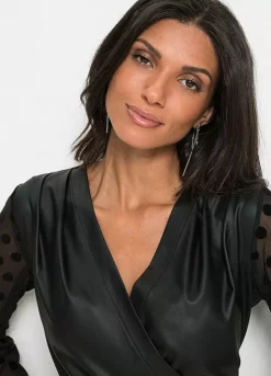 Faux Leather Wrap Top -Mesh Sleeve Shop Faux Leather Wrap Top938324FRSP W02