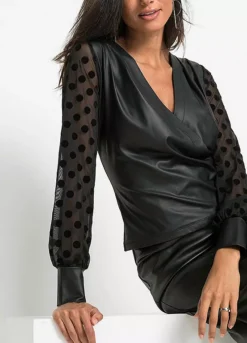 Faux Leather Wrap Top -Mesh Sleeve Shop Faux Leather Wrap Top938324FRSP W03