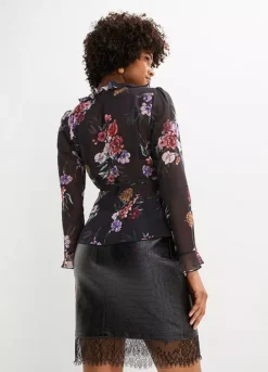 Floral Chiffon Wrap Blouse -Mesh Sleeve Shop Floral Chiffon Wrap Blouse948426FRSP W01