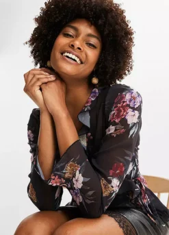 Floral Chiffon Wrap Blouse -Mesh Sleeve Shop Floral Chiffon Wrap Blouse948426FRSP W02