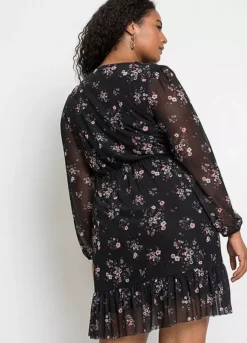 Floral Net Dress -Mesh Sleeve Shop Floral Net Dress967798FRSB W01