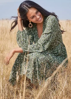 Floral Print V-Neck Dress -Mesh Sleeve Shop Floral Print V Neck Dress928213FRSL