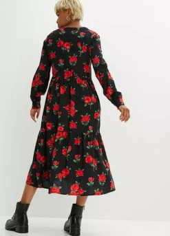 Floral Print V-Neck Midi Dress -Mesh Sleeve Shop Floral Print V Neck Midi Dress949326FRSP W01