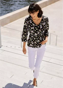 Floral Three-Quarter Sleeve Wrap Blouse -Mesh Sleeve Shop Floral Three Quarter Sleeve Wrap Blouse925751FRSL