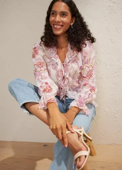 Flounced Paisley Blouse -Mesh Sleeve Shop Flounced Paisley Blouse909661FRSL