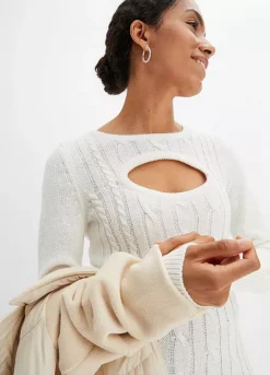 Front Cut-Out Cable Knit Dress -Mesh Sleeve Shop Front Cut Out Cable Knit Dress910875FRSP W03