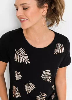 Glitter Leaf Print Top -Mesh Sleeve Shop Glitter Leaf Print Top955209FRSP W02