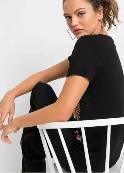 Glitter Leaf Print Top -Mesh Sleeve Shop Glitter Leaf Print Top955209FRSP W03