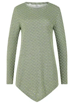 Graphic Print Hanky Hem Top -Mesh Sleeve Shop Graphic Print Hanky Hem Top977103FRSC