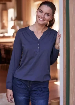 Henley Buttoned Collar Long Sleeve Top 9 Henley Buttoned Collar Long Sleeve Top -Mesh Sleeve Shop Henley Buttoned Collar Long Sleeve Top944611FRSL