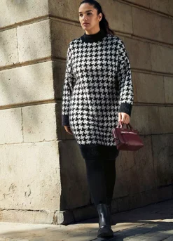 Houndstooth Knitted Dress -Mesh Sleeve Shop Houndstooth Knitted Dress914658FRSL