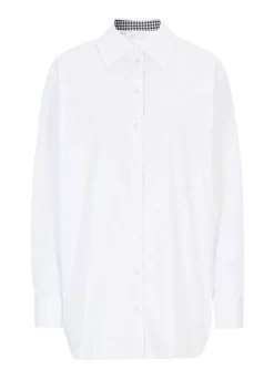 Houndstooth Trim Longline Blouse -Mesh Sleeve Shop Houndstooth Trim Longline Blouse972515FRSC