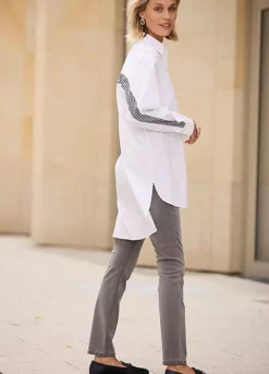 Houndstooth Trim Longline Blouse -Mesh Sleeve Shop Houndstooth Trim Longline Blouse972515FRSL