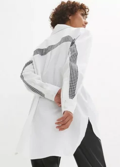 Houndstooth Trim Longline Blouse -Mesh Sleeve Shop Houndstooth Trim Longline Blouse972515FRSP W01