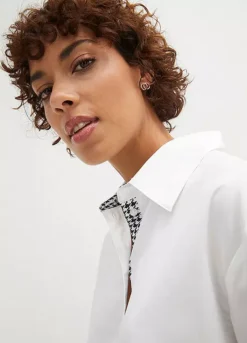 Houndstooth Trim Longline Blouse -Mesh Sleeve Shop Houndstooth Trim Longline Blouse972515FRSP W02