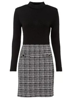 Houndstooth Two Tone Dress -Mesh Sleeve Shop Houndstooth Two Tone Dress978721FRSC