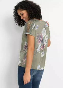 Lace Trim Floral T-Shirt -Mesh Sleeve Shop Lace Trim Floral T Shirt915857FRSP W01
