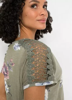 Lace Trim Floral T-Shirt -Mesh Sleeve Shop Lace Trim Floral T Shirt915857FRSP W02