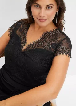 Lace Trim Sleeve Dress -Mesh Sleeve Shop Lace Trim Sleeve Dress933018FRSB W02