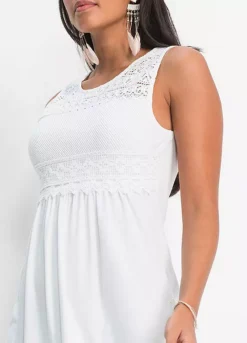 Lace Yoke Tank Top -Mesh Sleeve Shop Lace Yoke Tank Top909281FRSP W02