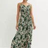 Leaf Print Smocked Maxi Dress -Mesh Sleeve Shop Leaf Print Smocked Maxi Dress951091FRSP