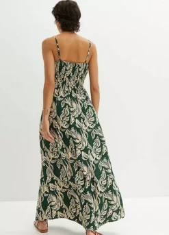 Leaf Print Smocked Maxi Dress -Mesh Sleeve Shop Leaf Print Smocked Maxi Dress951091FRSP W01