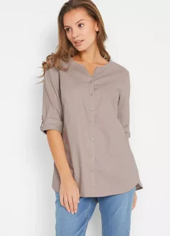 Linen Blend Blouse -Mesh Sleeve Shop Linen Blend Blouse932164FRSP