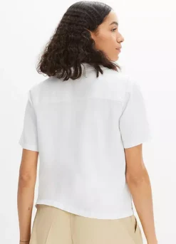 Linen Blend Short Sleeve Blouse -Mesh Sleeve Shop Linen Blend Short Sleeve Blouse909106FRSP W01