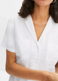 Linen Blend Short Sleeve Blouse -Mesh Sleeve Shop Linen Blend Short Sleeve Blouse909106FRSP W03