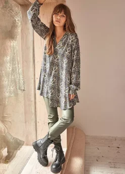 Longline Paisley Print Blouse -Mesh Sleeve Shop Longline Paisley Print Blouse929095FRSL