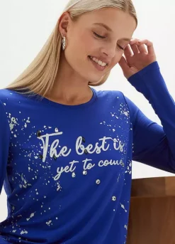 Metallic Slogan Print Top -Mesh Sleeve Shop Metallic Slogan Print Top918402FRSP W03