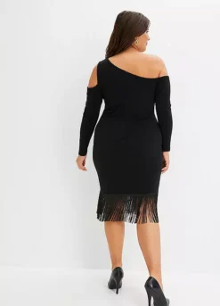 One Shoulder Fringed Dress -Mesh Sleeve Shop One Shoulder Fringed Dress937207FRSB W01
