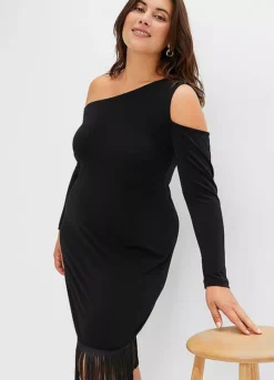 One Shoulder Fringed Dress -Mesh Sleeve Shop One Shoulder Fringed Dress937207FRSB W02