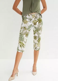 Palm Print Cropped Leg Cotton Trousers