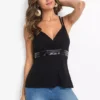 Pleather Trim Cami Top -Mesh Sleeve Shop Pleather Trim Cami Top910599FRSP