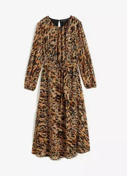 Print Belted Chiffon Dress -Mesh Sleeve Shop Print Belted Chiffon Dress909653FRSC