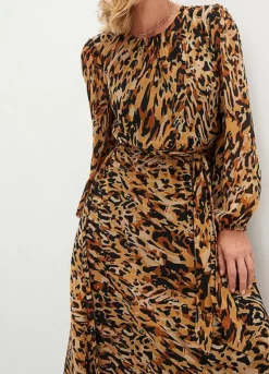 Print Belted Chiffon Dress -Mesh Sleeve Shop Print Belted Chiffon Dress909653FRSP W02