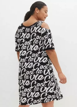 Print Cold Shoulder Dress -Mesh Sleeve Shop Print Cold Shoulder Dress951387FRSB W01
