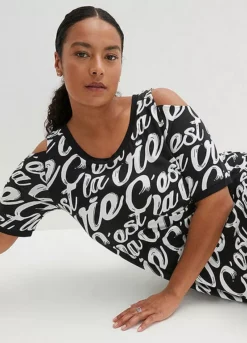 Print Cold Shoulder Dress -Mesh Sleeve Shop Print Cold Shoulder Dress951387FRSB W02