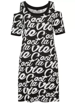 Print Cold Shoulder Dress -Mesh Sleeve Shop Print Cold Shoulder Dress951387FRSC
